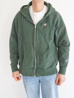 Champion Reverse Weave Hoodie Green Zip Up Streetwear Minimal Athleisure Mens L